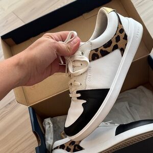 Cole Haan White and Black Sneakers with Leopard Accent
